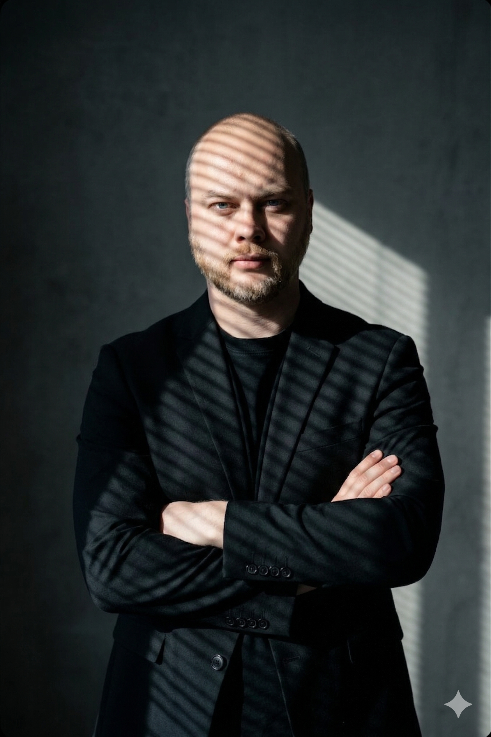 Portrait of a woman with brown hair on a flat gray background.